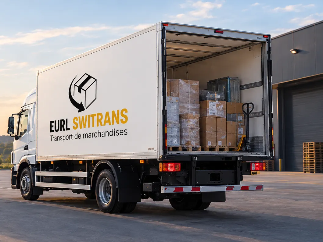 Camion SWITRANS à quai, portes ouvertes, chargé de palettes et de colis