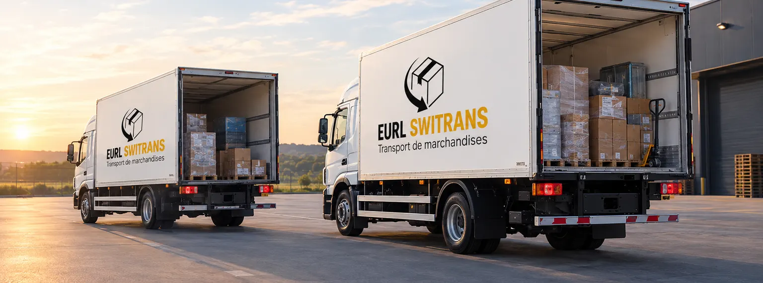 Deux camions SWITRANS chargés de palettes, portes ouvertes, au coucher du soleil
